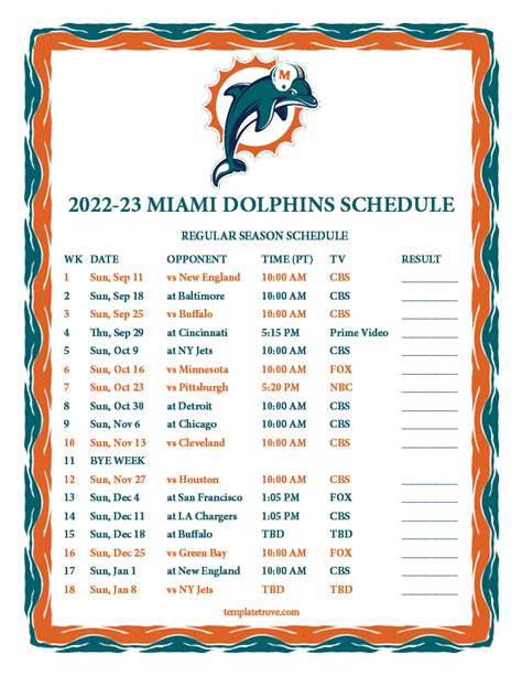 Miami Dolphins Printable Schedule 2022
